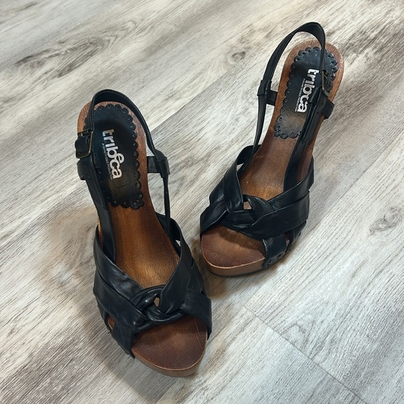 Vintage Y2K Kenneth Cole Tribeca Slingback Heels Black Leather Wooden Platform - Picture 12 of 12